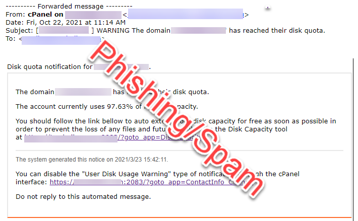 Phishing email scams by trying to spoof cpanel internal messages